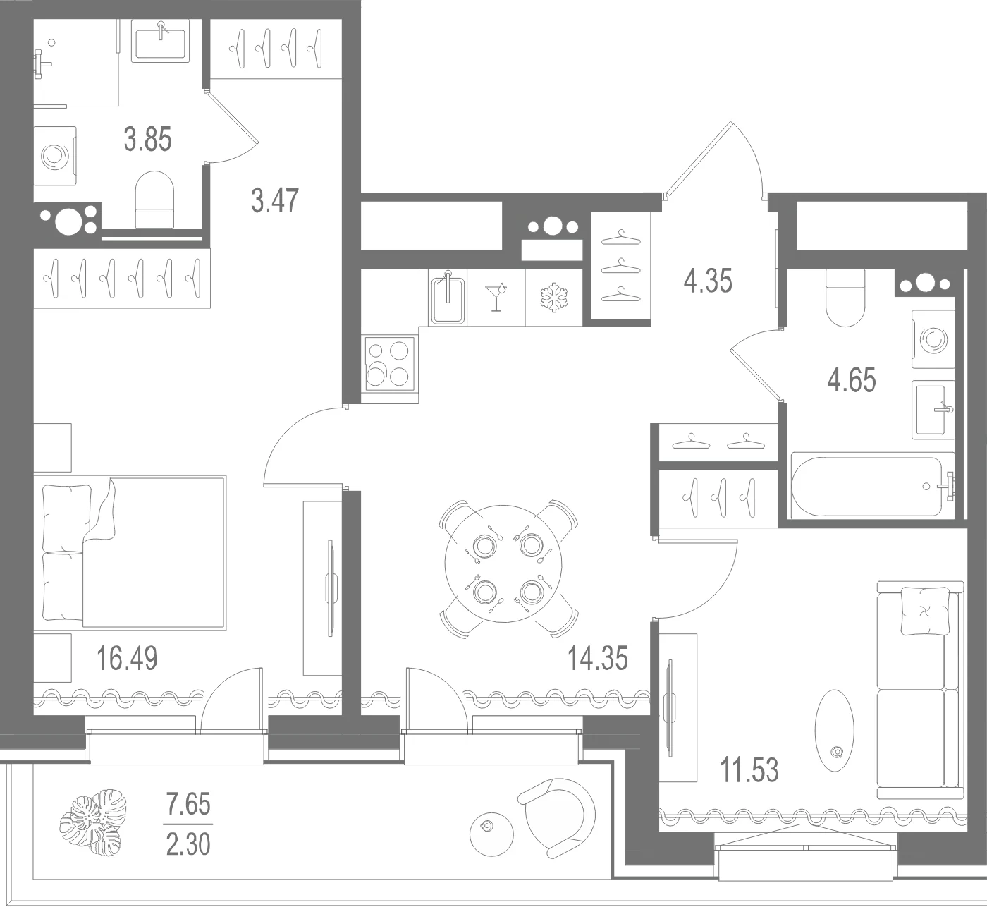 Планировка 2-комнатная 61 м² в ЖК «Остров Первых» — Остров Первых
