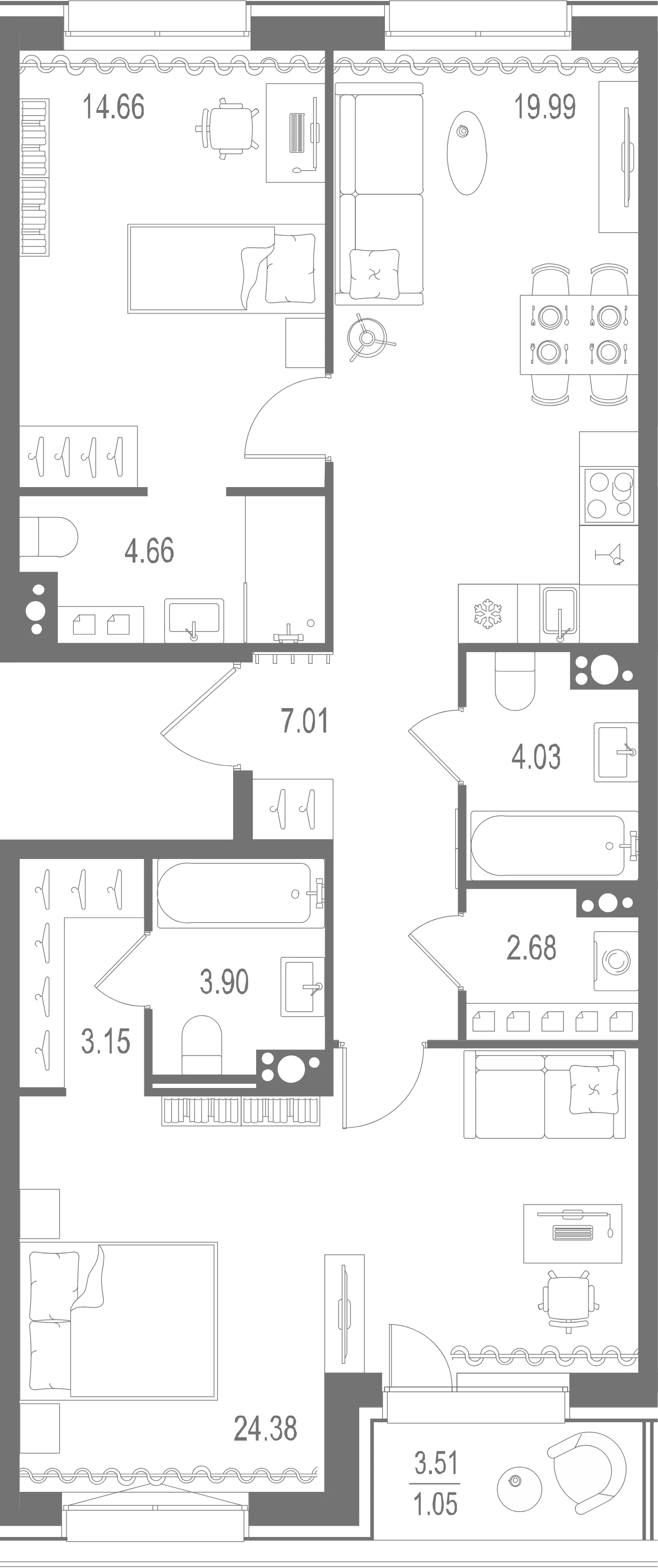 Планировка 2-комнатная 85,5 м² в ЖК «Остров Первых» — Остров Первых