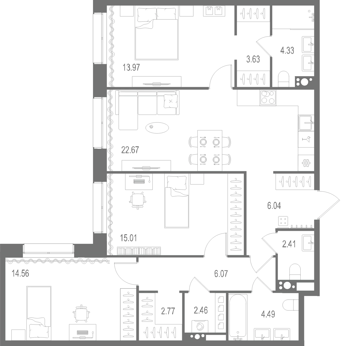 Планировка 3-комнатная 98,4 м² в ЖК «Остров Первых» — Остров Первых