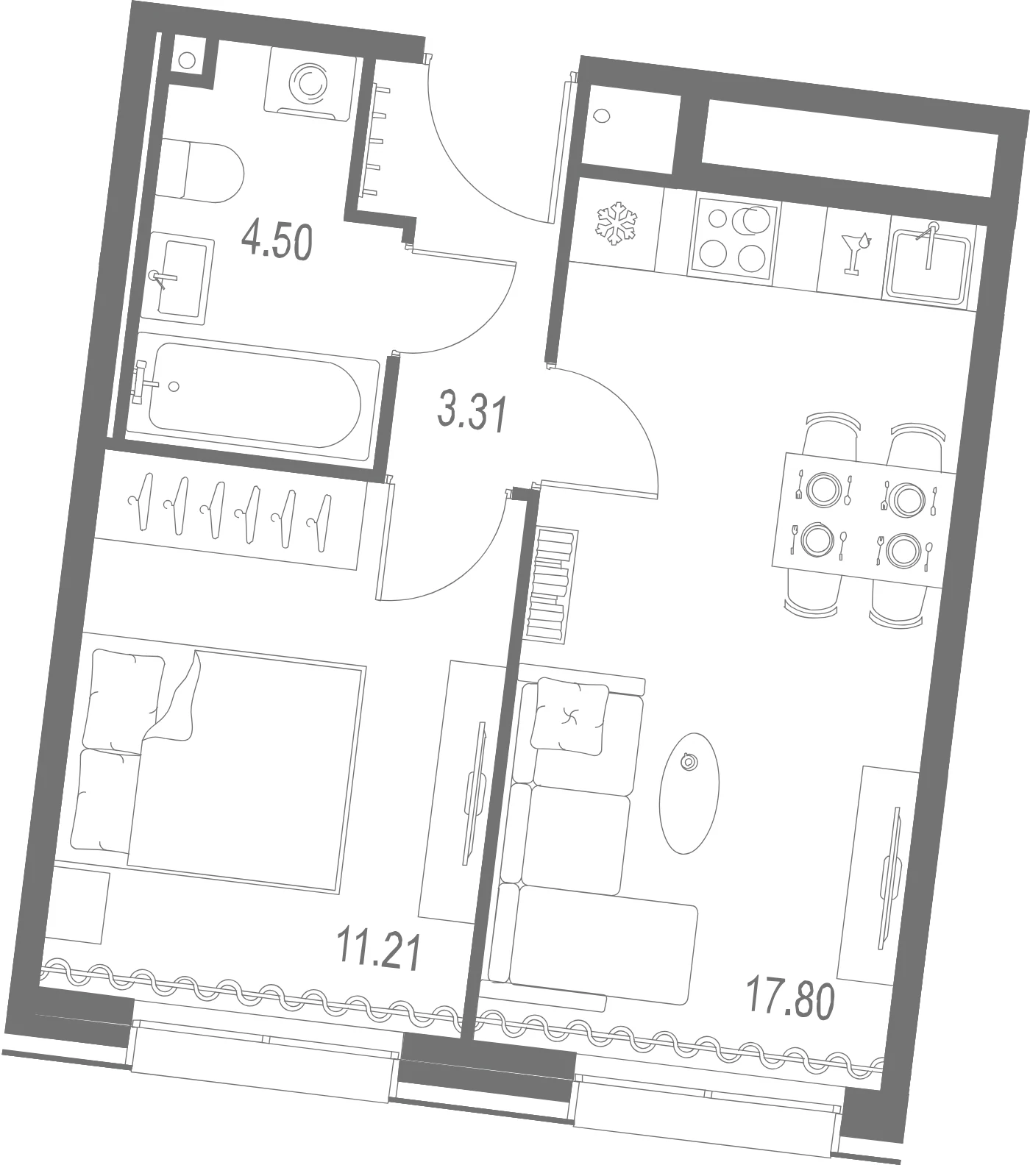 Планировка 1-комнатная 36,8 м² в ЖК «Остров Первых» — Остров Первых