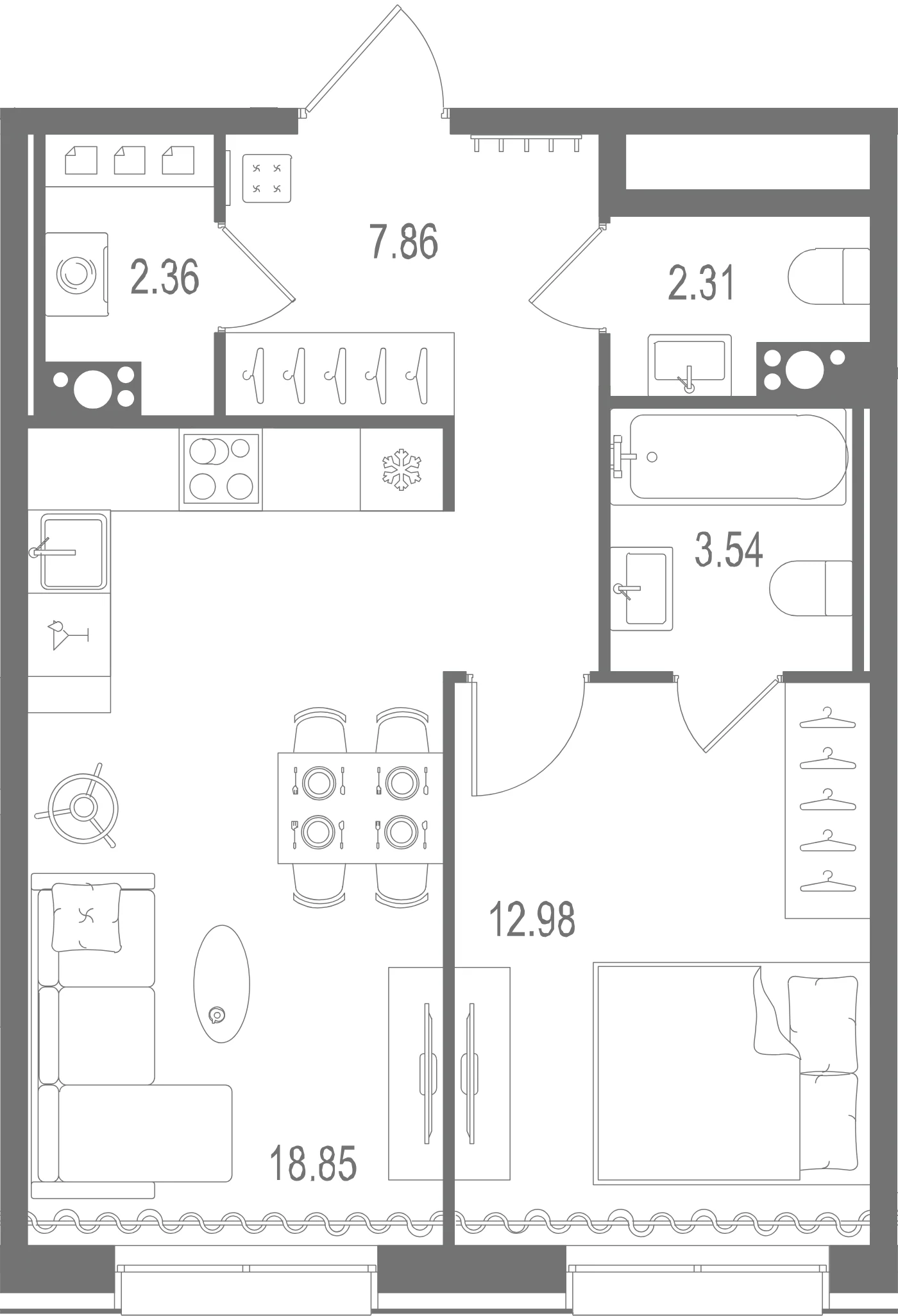 Планировка 1-комнатная 47,9 м² в ЖК «Остров Первых» — Остров Первых