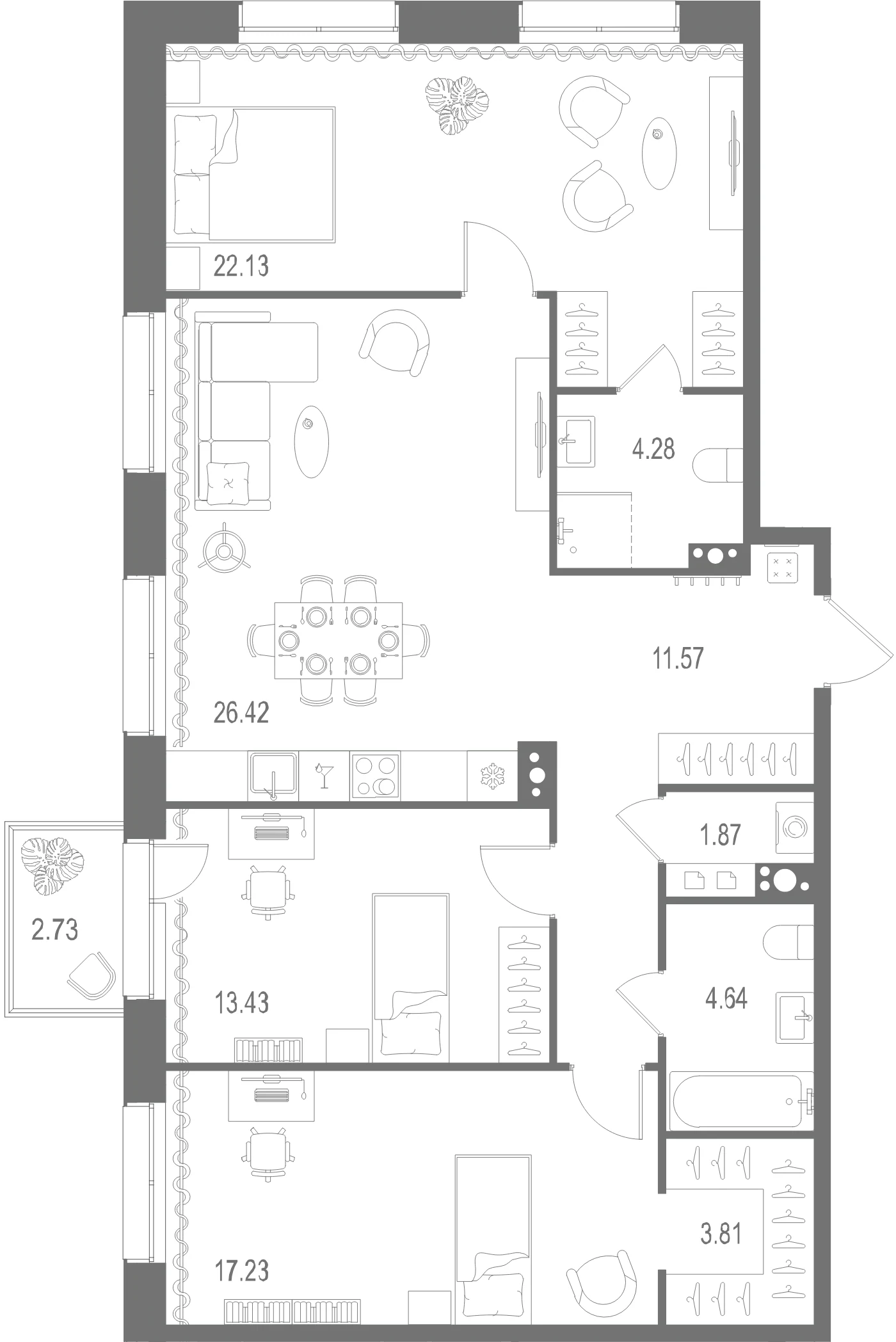 Планировка 3-комнатная 105,4 м² в ЖК «Остров Первых» — Остров Первых