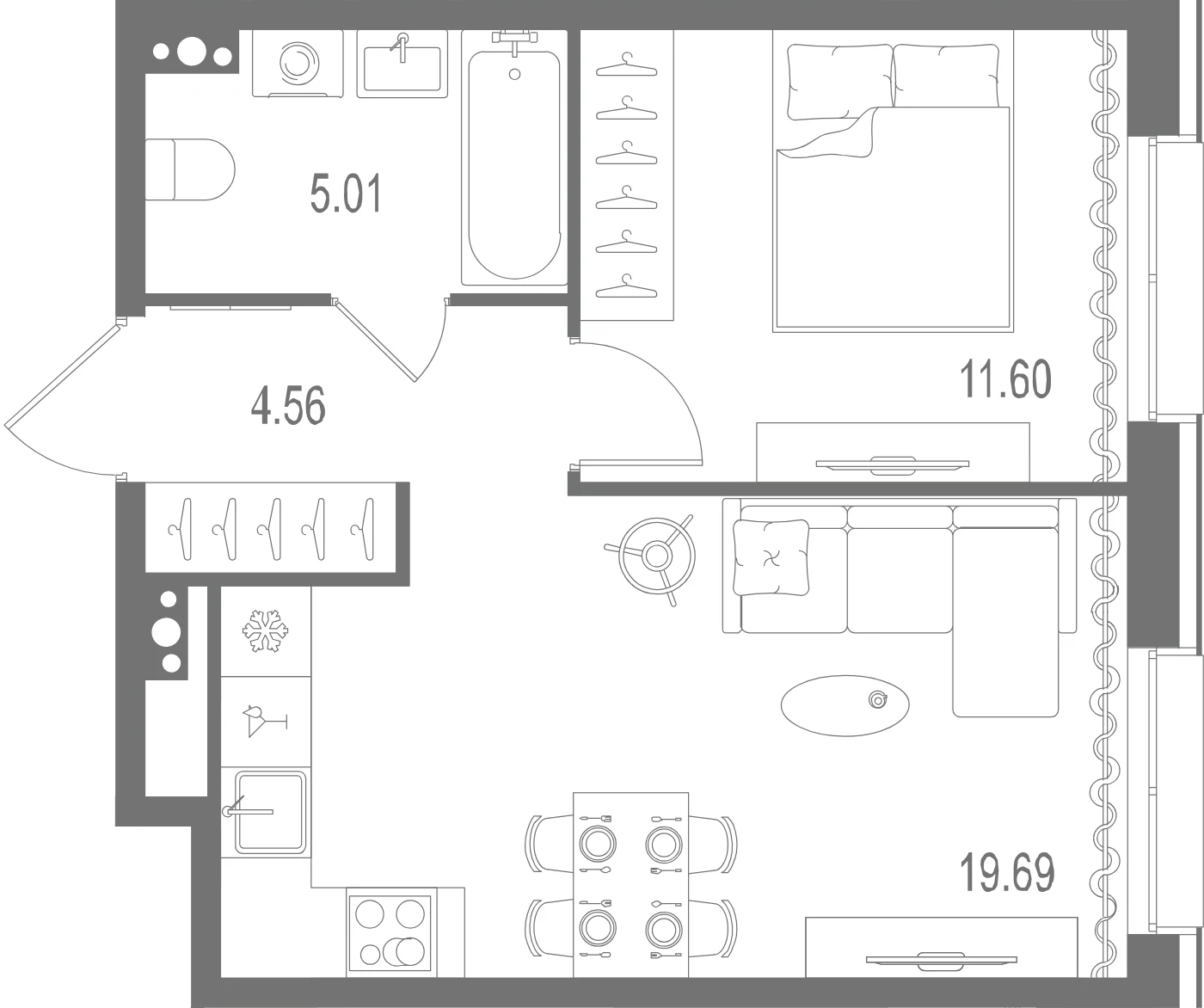 Планировка 1-комнатная 40,9 м² в ЖК «Остров Первых» — Остров Первых