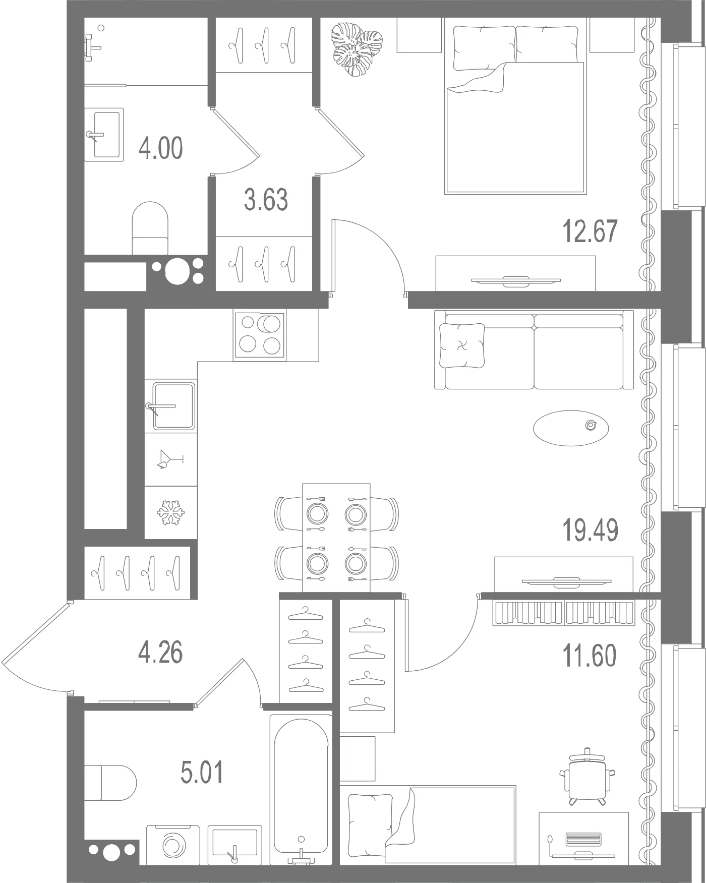 Планировка 2-комнатная 60,7 м² в ЖК «Остров Первых» — Остров Первых