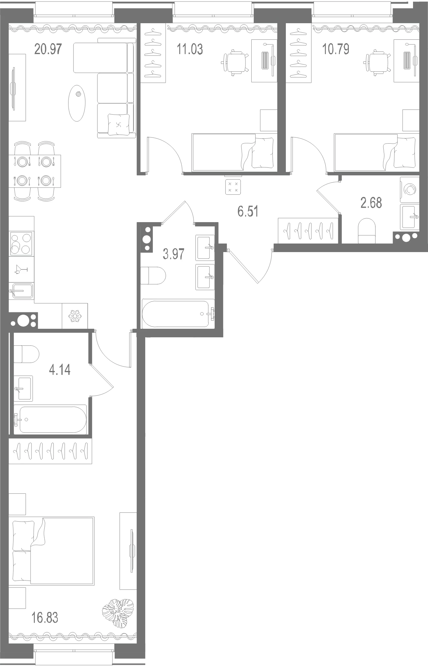 Планировка 3-комнатная 76,9 м² в ЖК «Остров Первых» — Остров Первых