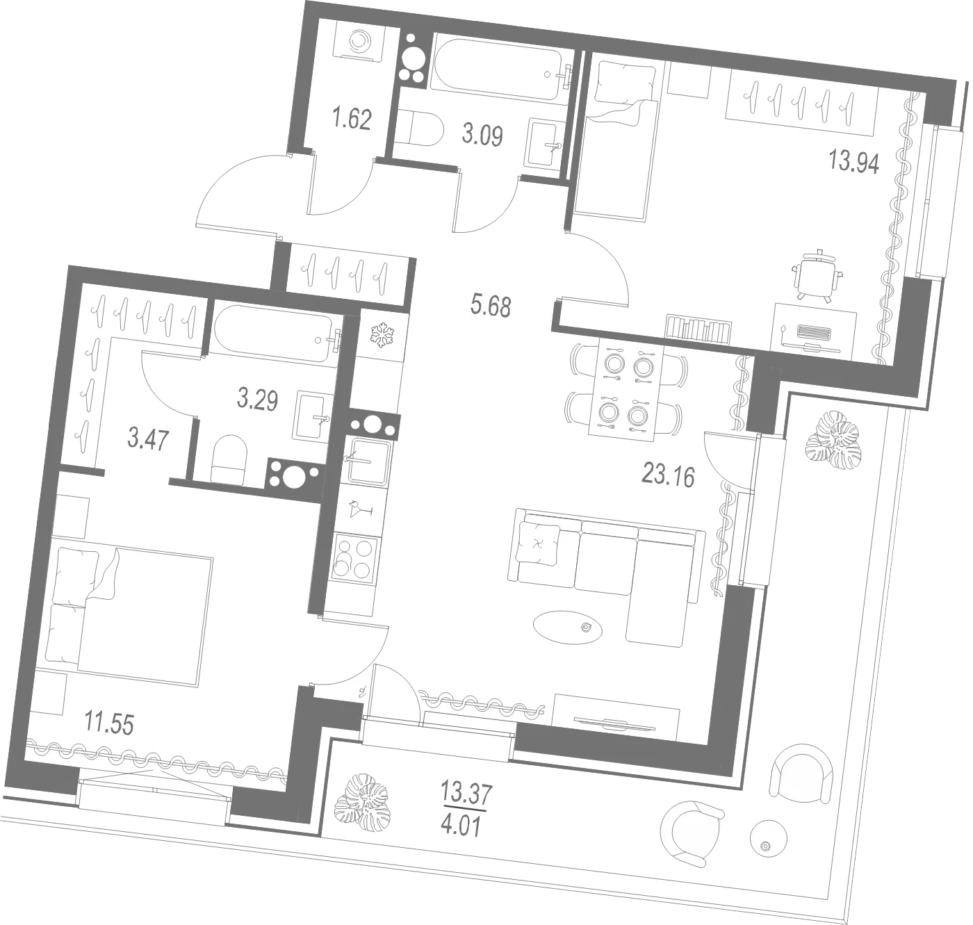 Планировка 2-комнатная 69,8 м² в ЖК «Остров Первых» — Остров Первых