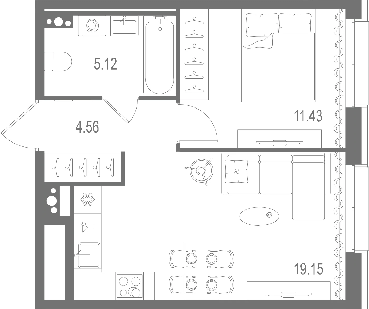 Планировка 1-комнатная 40,3 м² в ЖК «Остров Первых» — Остров Первых