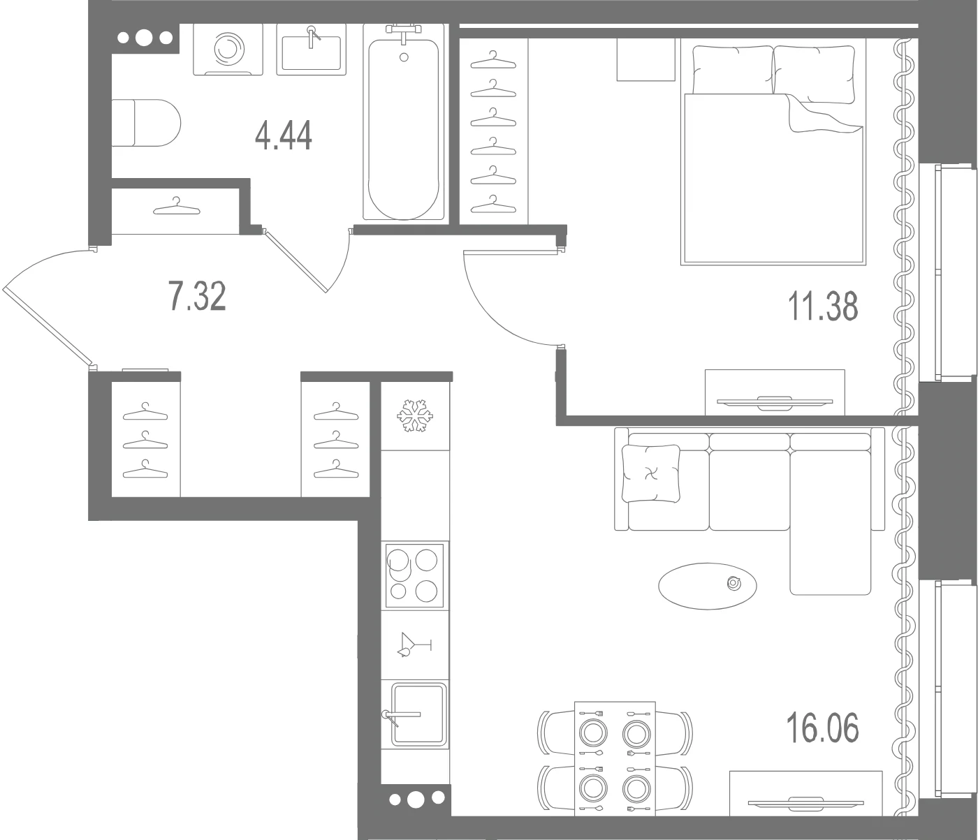 Планировка 1-комнатная 39,2 м² в ЖК «Остров Первых» — Остров Первых