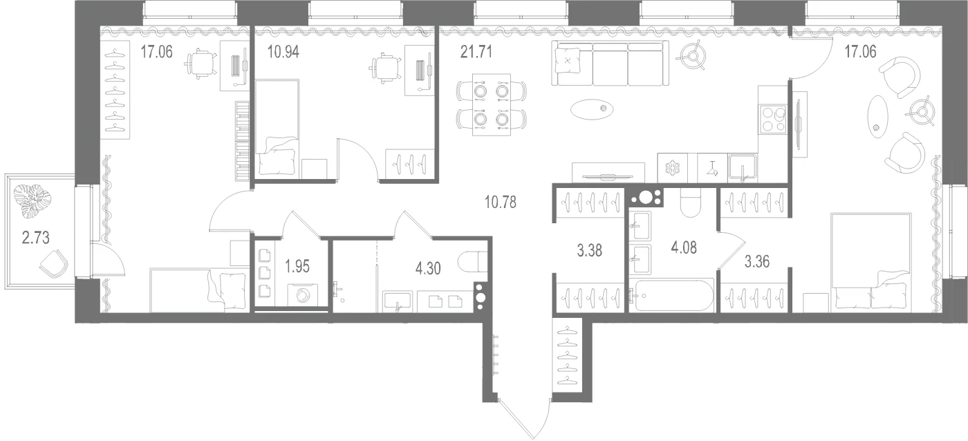 Планировка 3-комнатная 94,6 м² в ЖК «Остров Первых» — Остров Первых