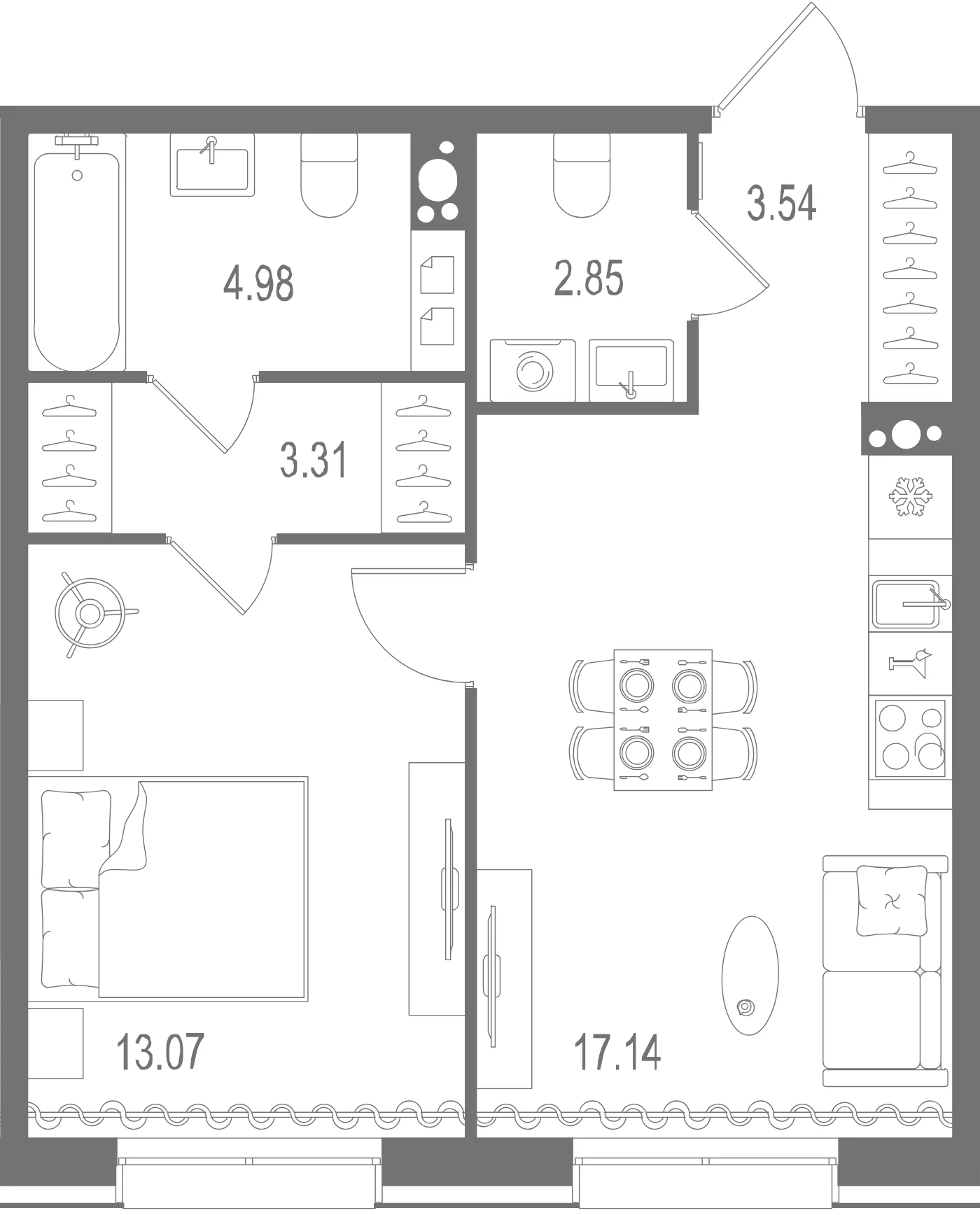 Планировка 1-комнатная 44,9 м² в ЖК «Остров Первых» — Остров Первых