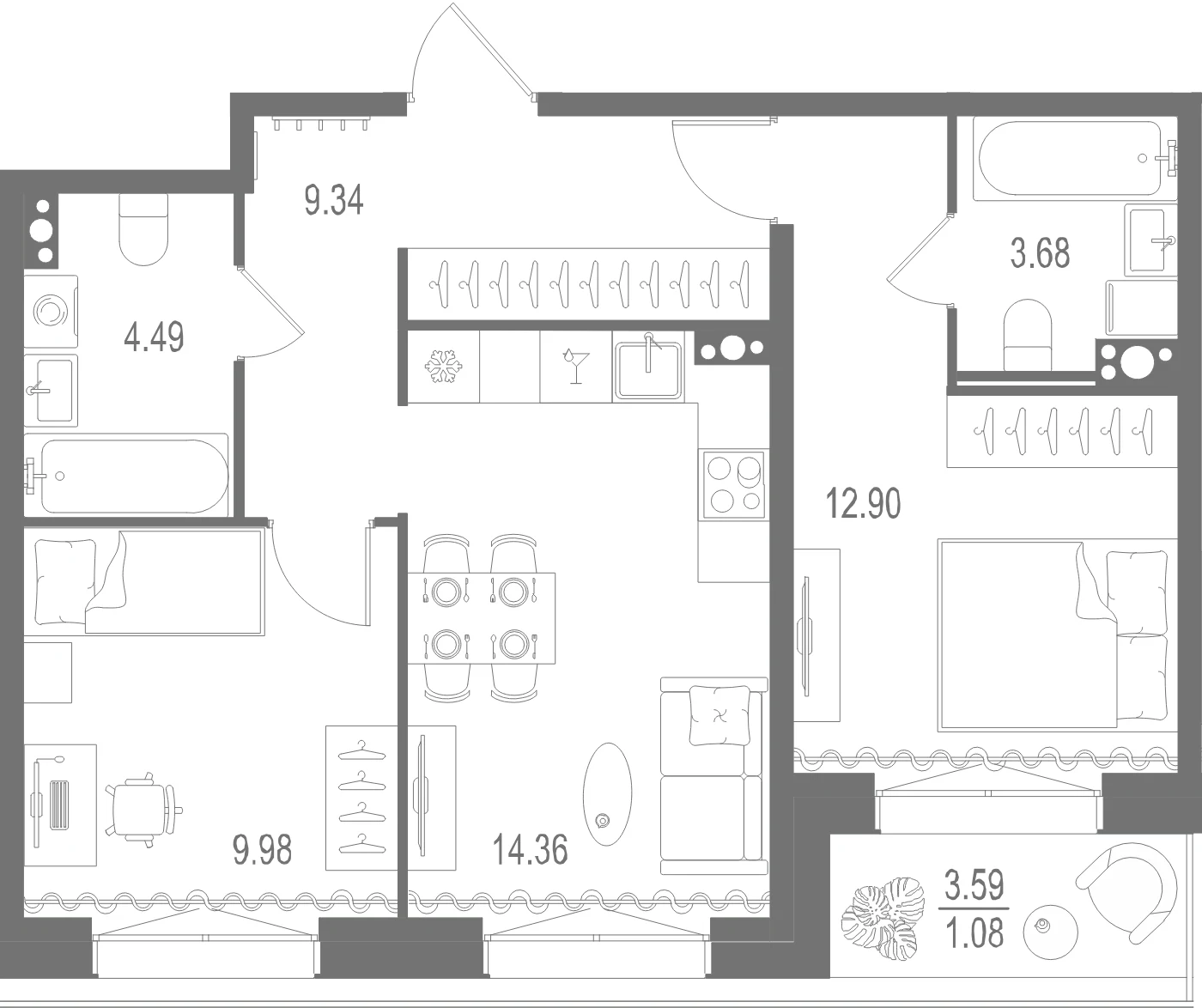Планировка 2-комнатная 55,8 м² в ЖК «Остров Первых» — Остров Первых
