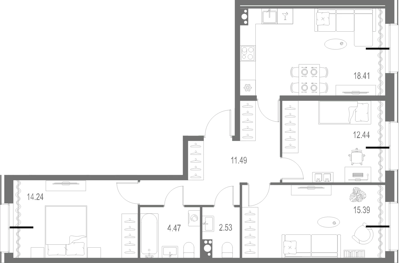 Планировка 3-комнатная 79 м² в ЖК «Остров Первых» — Остров Первых
