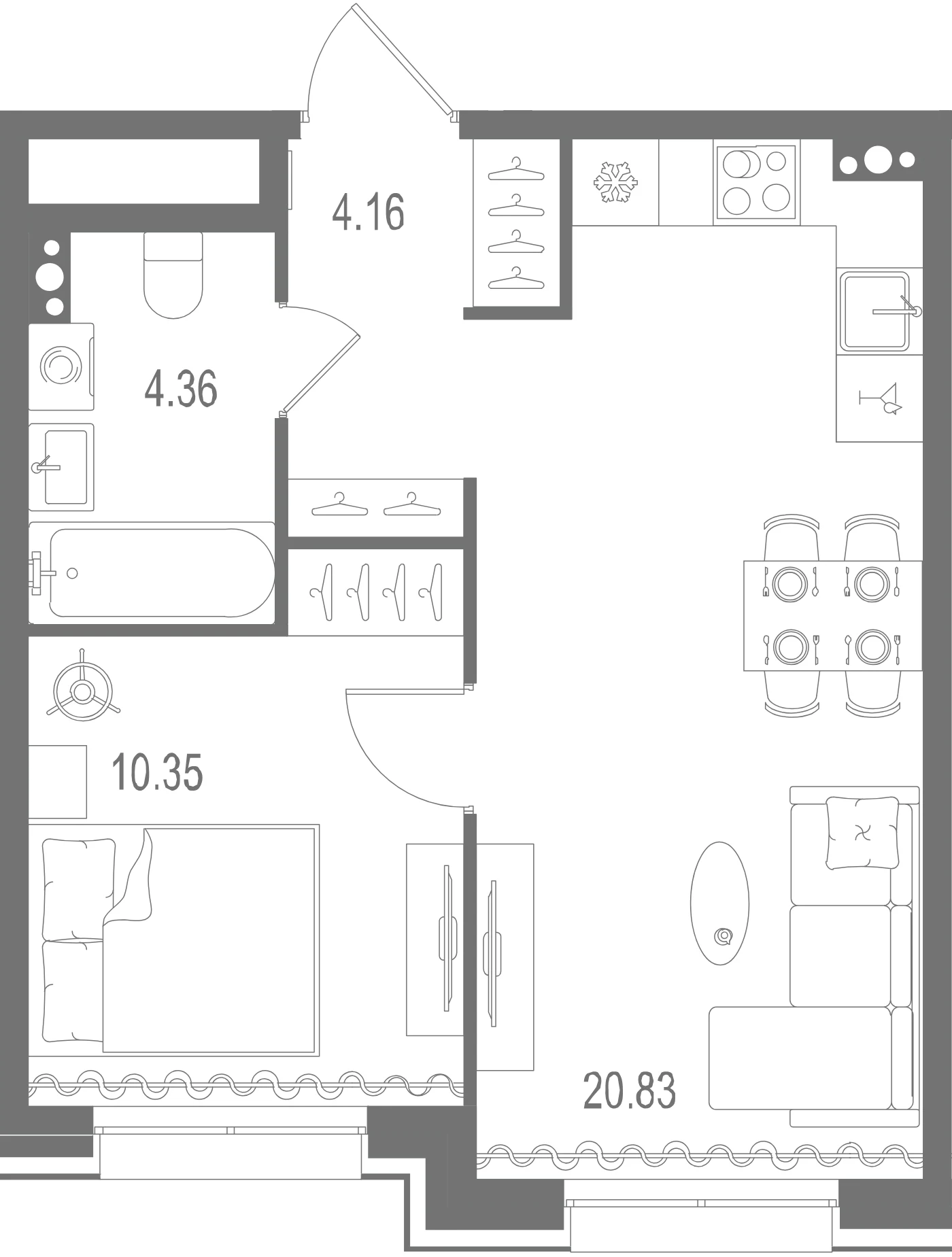 Планировка 1-комнатная 39,7 м² в ЖК «Остров Первых» — Остров Первых