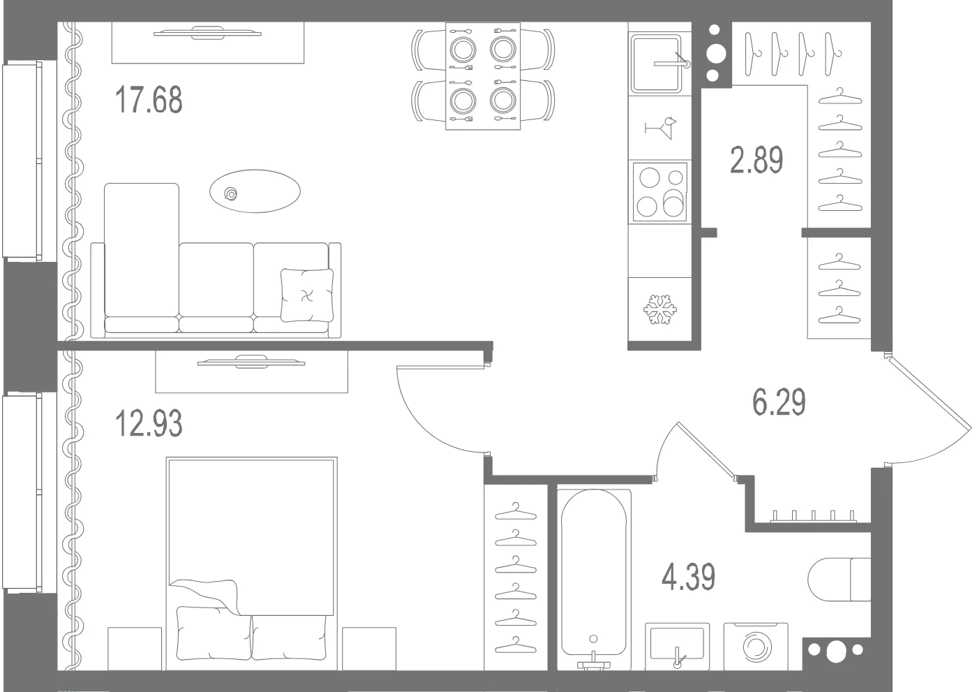 Планировка 1-комнатная 44,2 м² в ЖК «Остров Первых» — Остров Первых