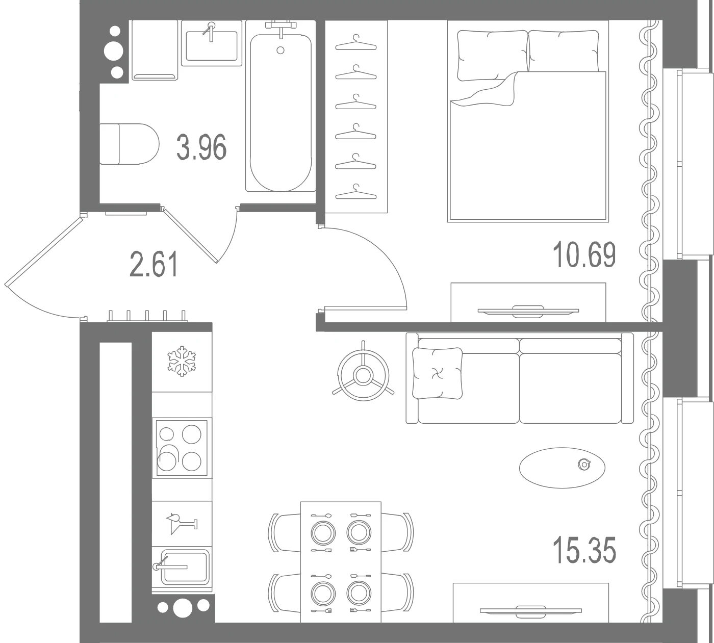 Планировка 1-комнатная 32,6 м² в ЖК «Остров Первых» — Остров Первых