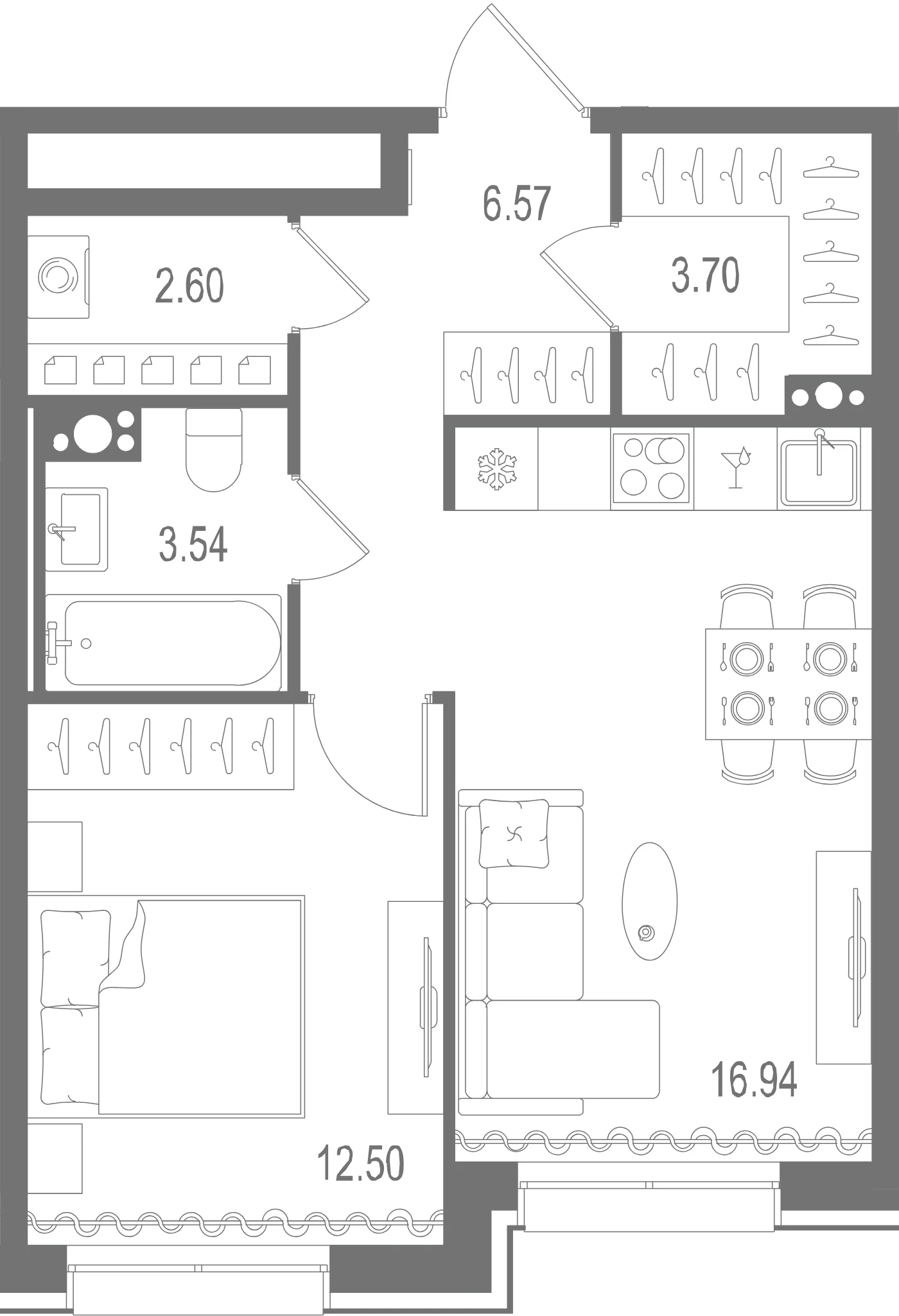 Планировка 1-комнатная 45,9 м² в ЖК «Остров Первых» — Остров Первых