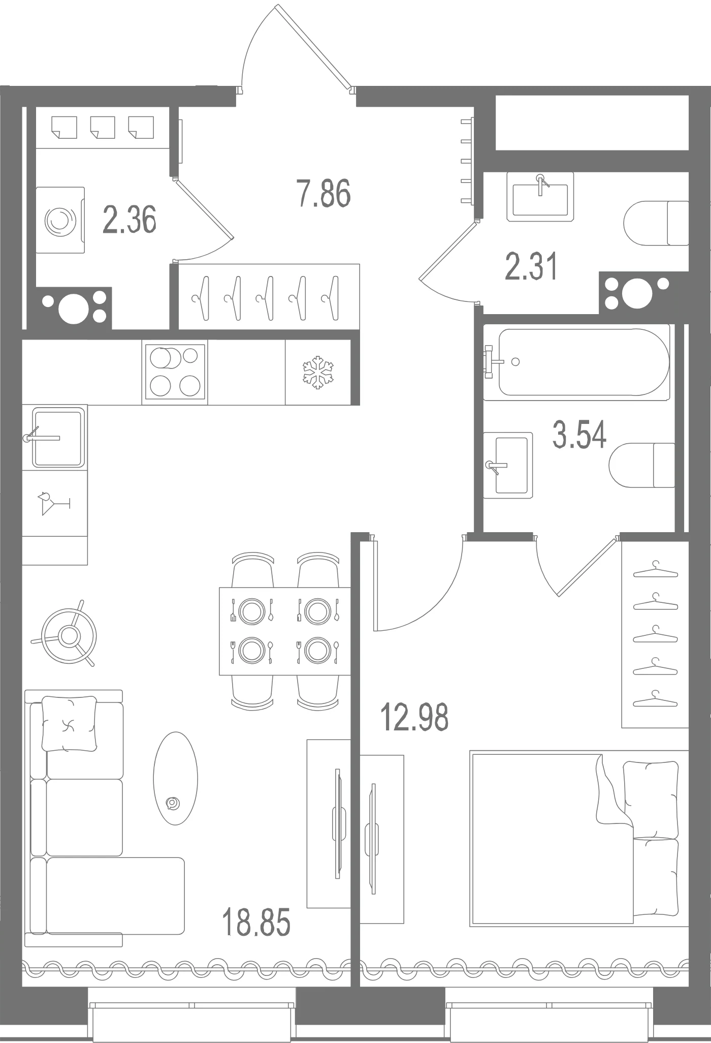 Планировка 1-комнатная 47,9 м² в ЖК «Остров Первых» — Остров Первых