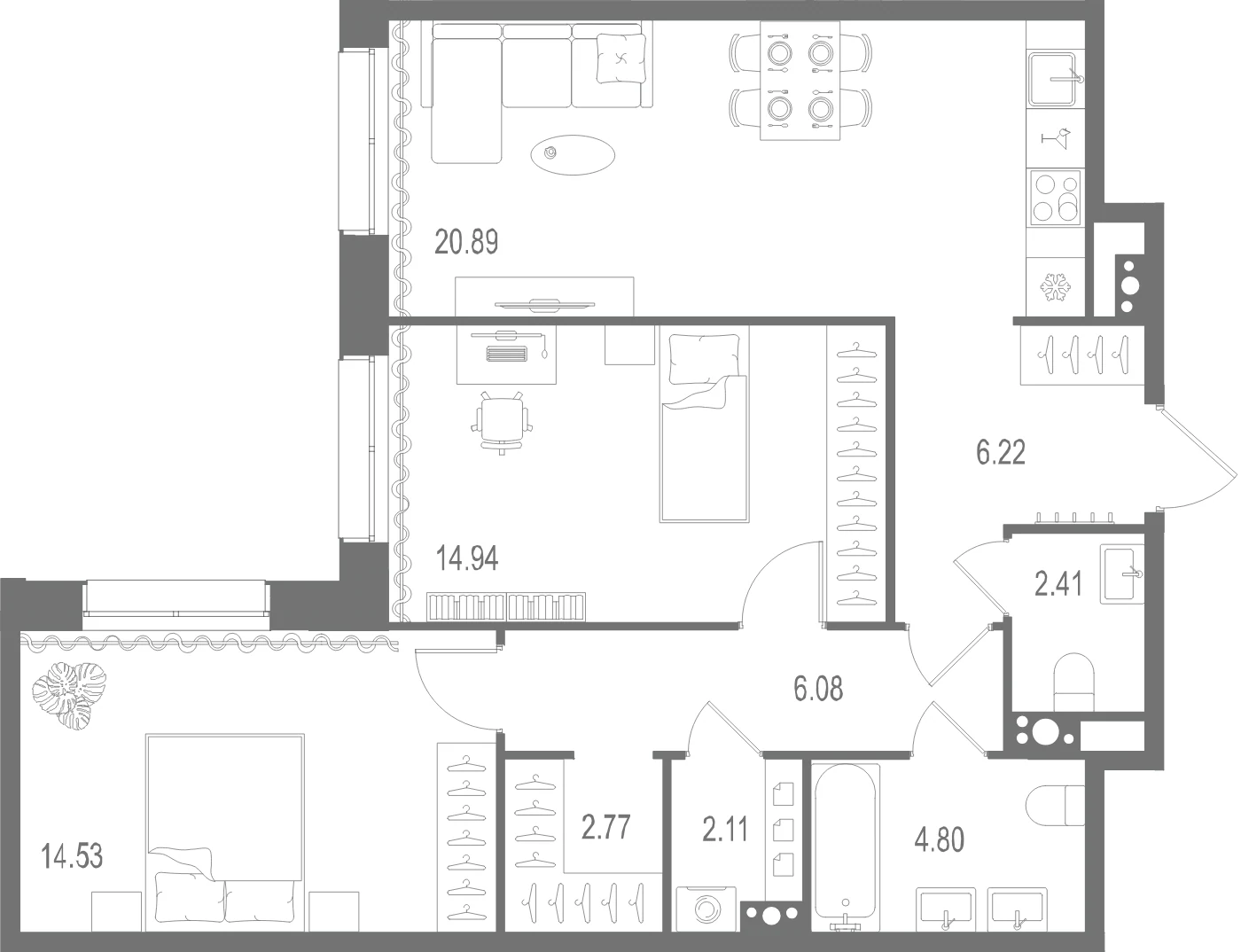 Планировка 2-комнатная 74,8 м² в ЖК «Остров Первых» — Остров Первых