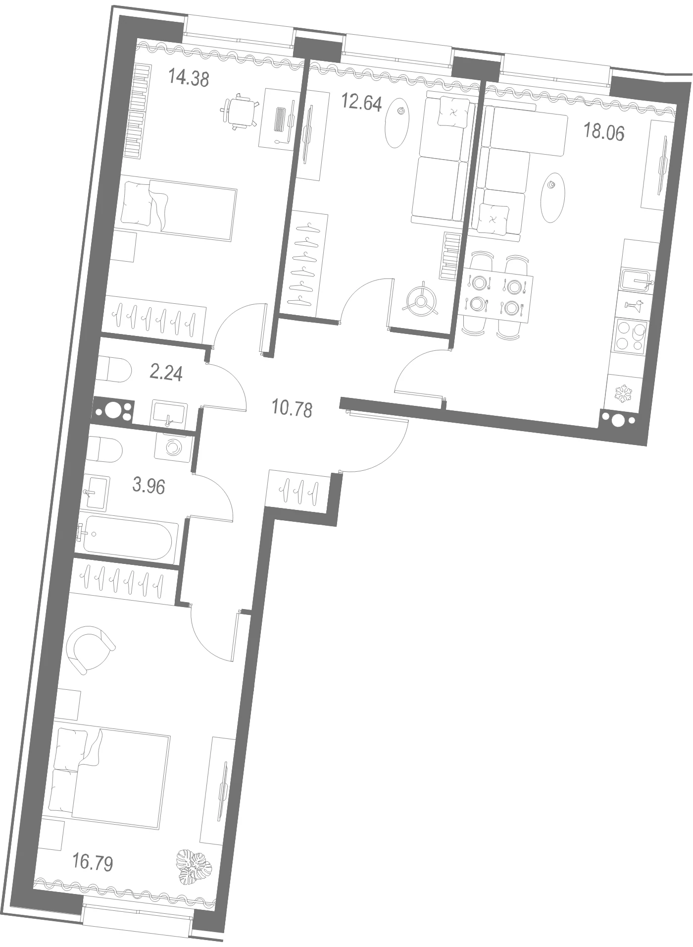 Планировка 3-комнатная 78,8 м² в ЖК «Остров Первых» — Остров Первых