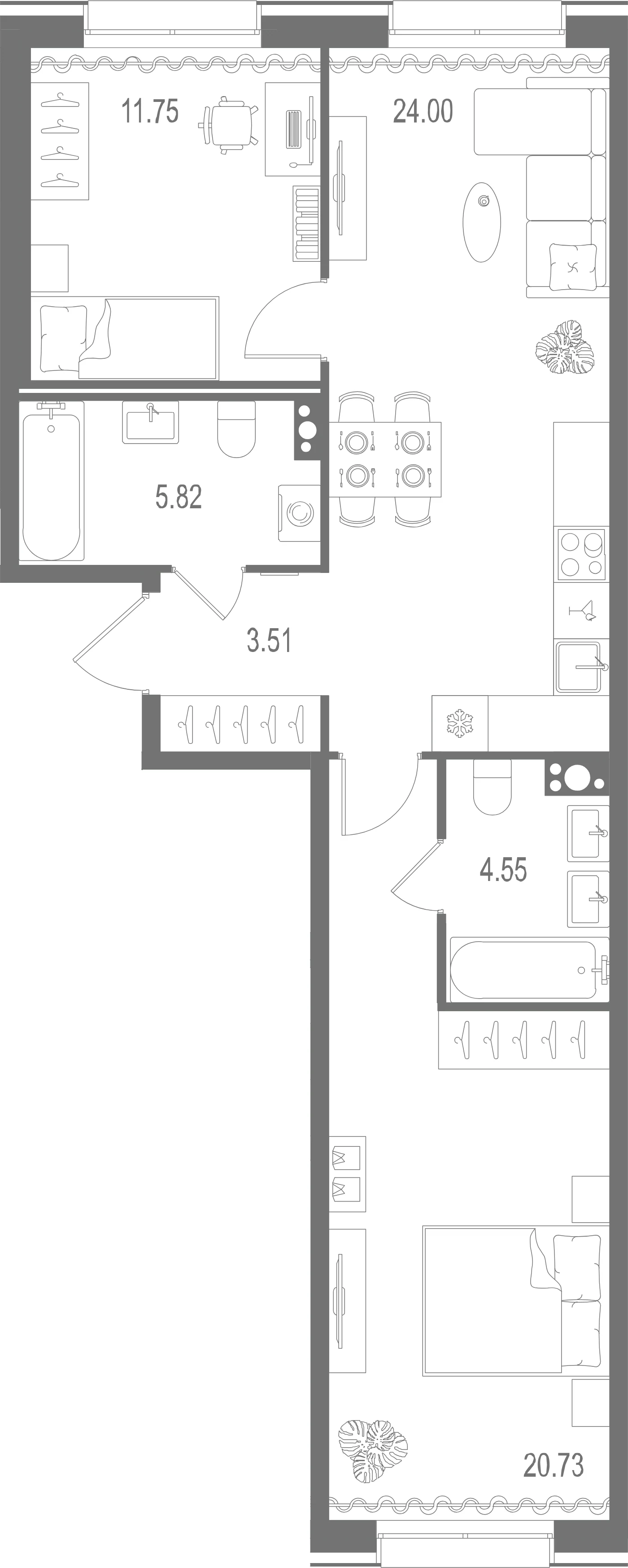 Планировка 2-комнатная 70,4 м² в ЖК «Остров Первых» — Остров Первых